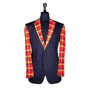 Mens Blazer Blue Orange Plaid Check Wool Dress Formal Suit Jacket Sport Coat 40R